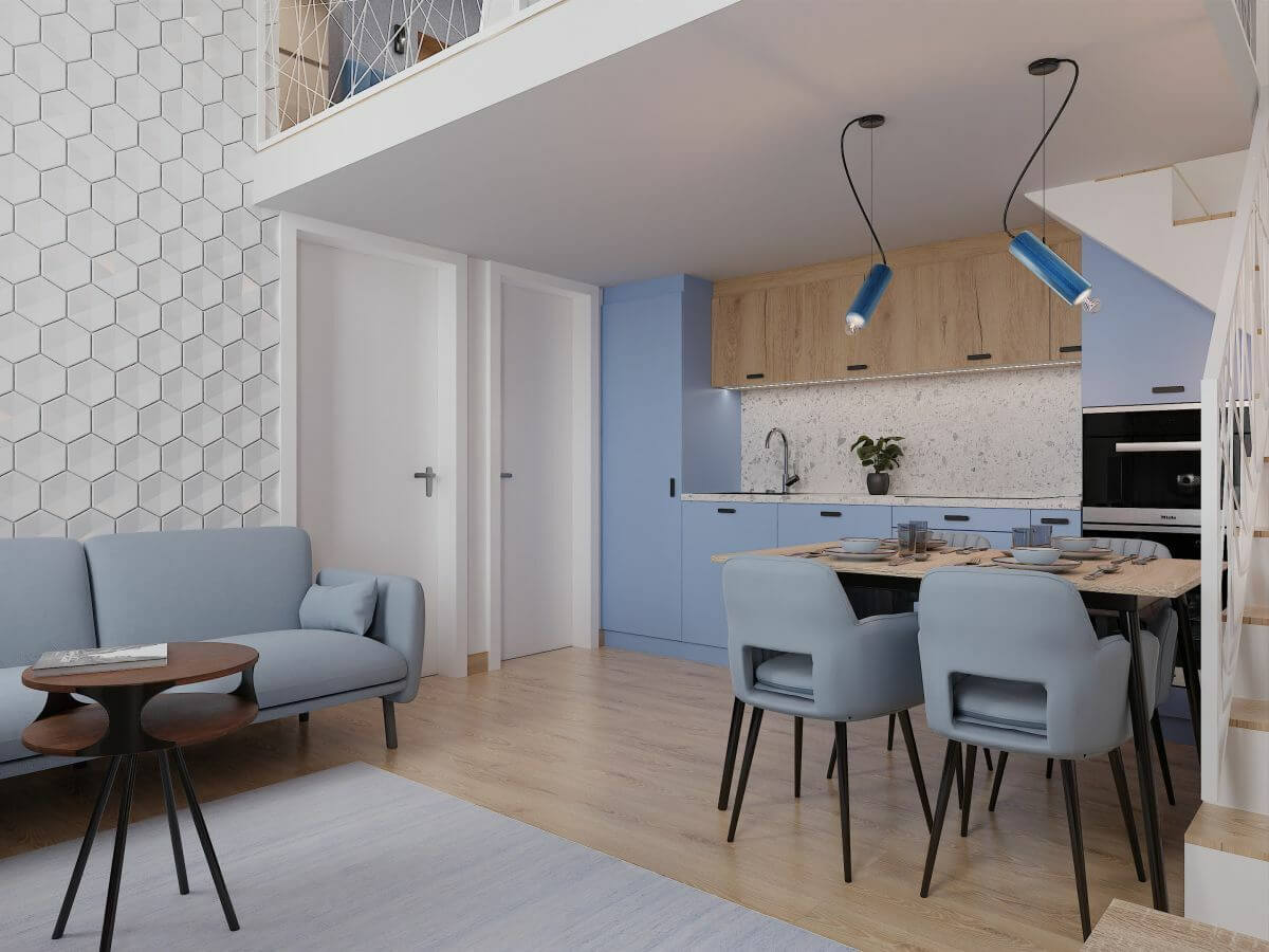 Felújított 48 m2-es Szondi utcai lakás kék és natúr színekkel, fiatalos lakberendezéssel